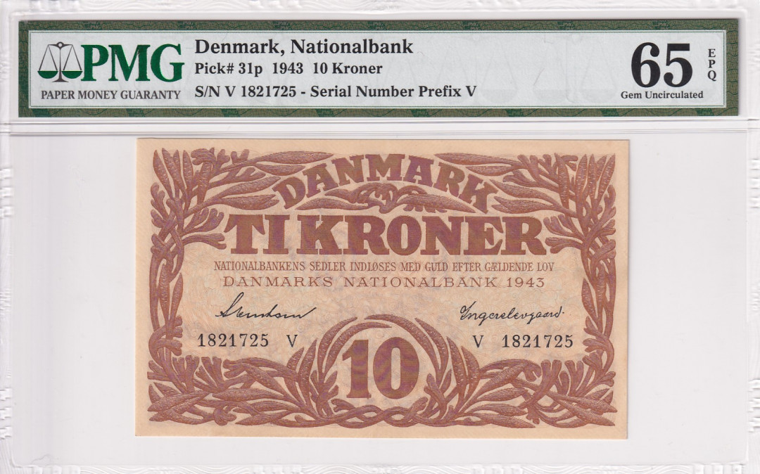 【收藏联盟】第118期拍卖——英伦三岛 丹麦1943年 10克朗 PMG65EPQ 较少见 背面墨丘利 雄狮