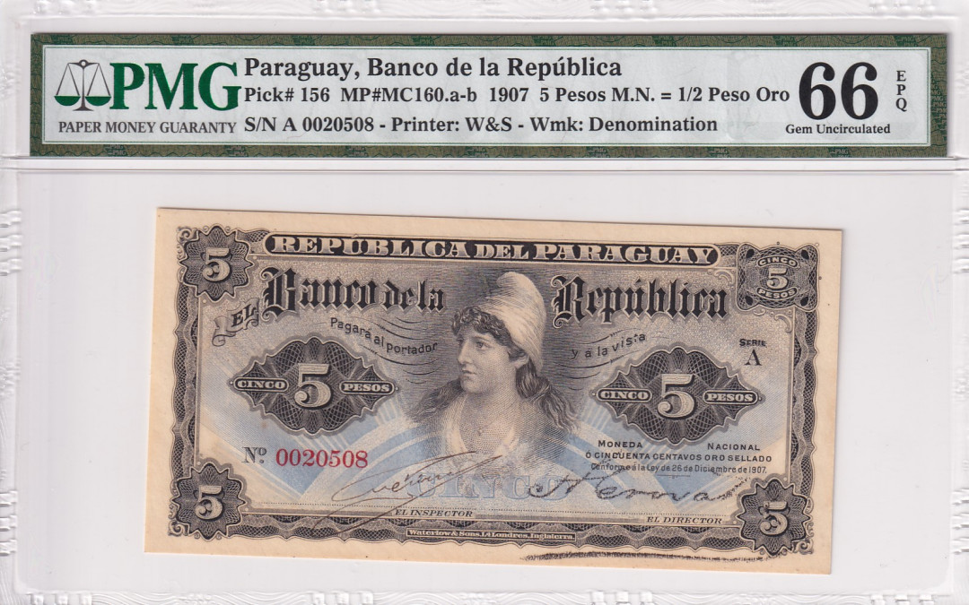 【收藏联盟】第118期拍卖——英伦三岛 巴拉圭 1907年 5比索PMG66EPQ 