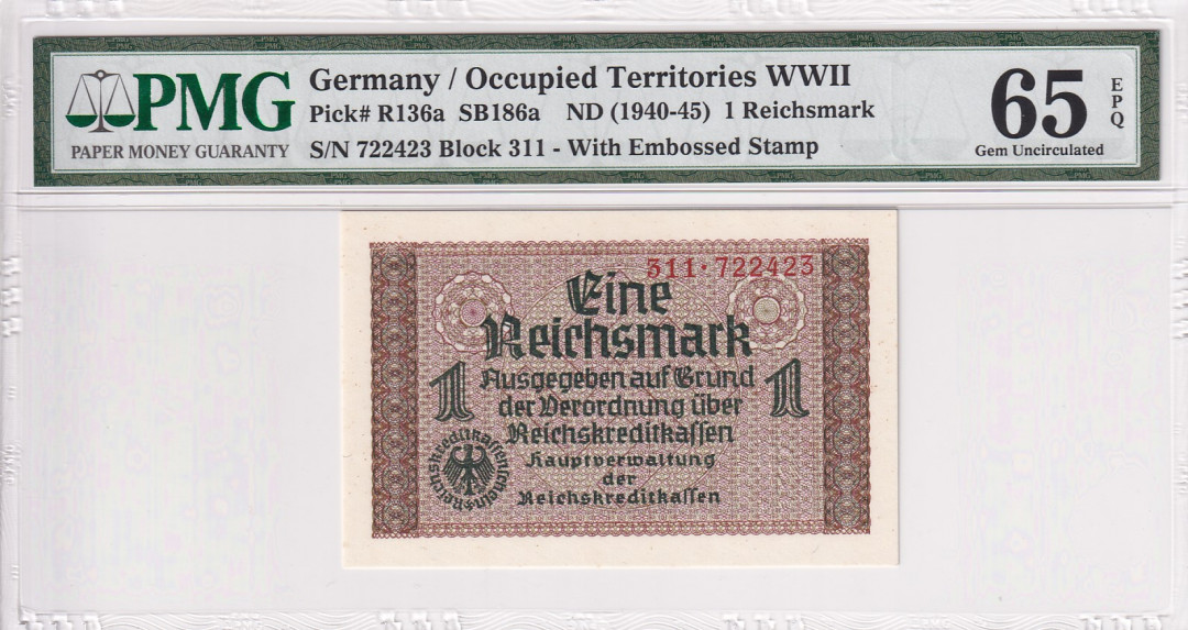 【收藏联盟】第118期拍卖——英伦三岛 德国 二战时期 1940-45年 1马克 PMG65EPQ 