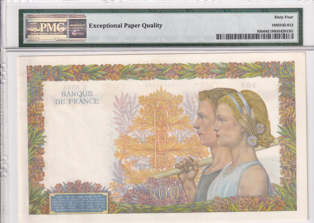 【收藏联盟】第118期拍卖——英伦三岛 法国 1941-43年 500法郎 PMG64EPQ 性价比 原票 