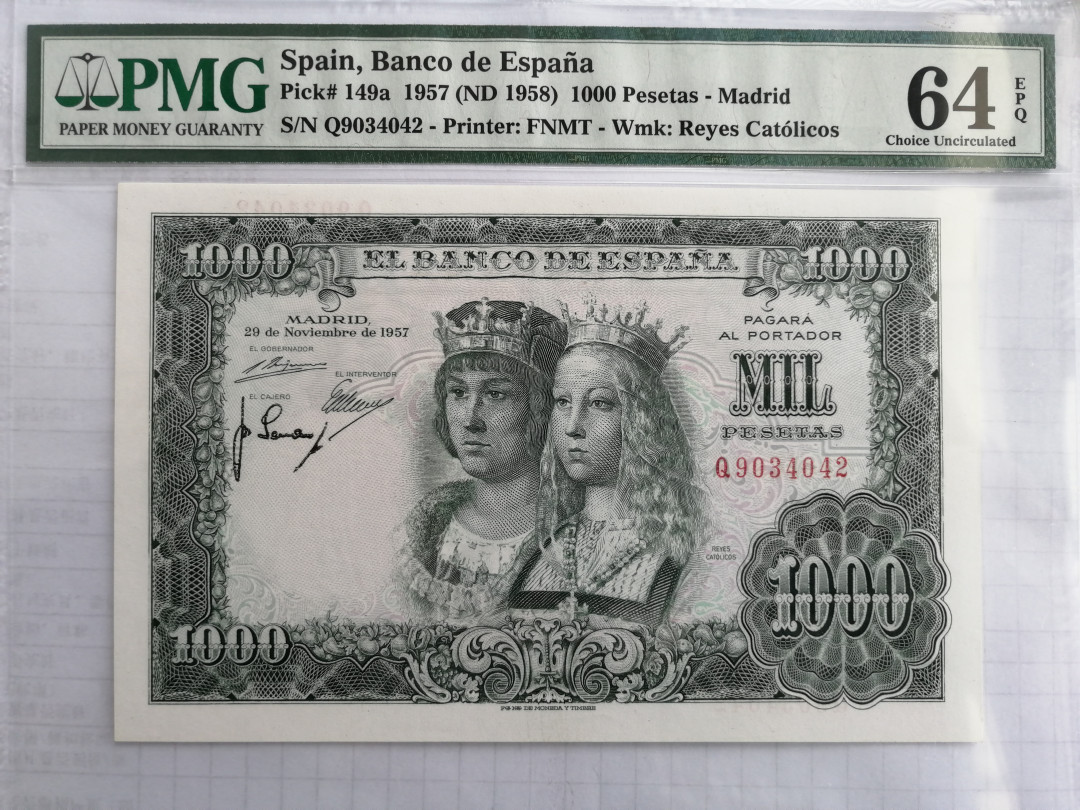 【收藏联盟】第118期拍卖——英伦三岛 西班牙 1957年 1000比塞塔 PMG64EPQ  经典双王 大票幅 雕刻精美