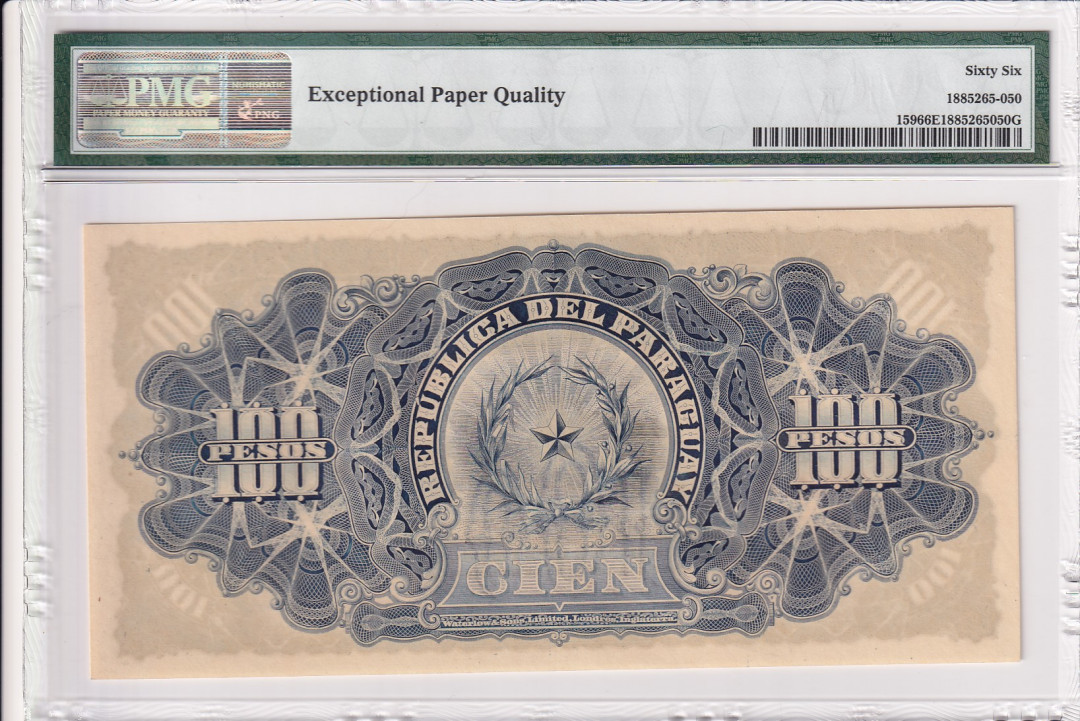 【收藏联盟】第118期拍卖——英伦三岛 巴拉圭 1907年 100比索 A冠小号 PMG66EPQ 