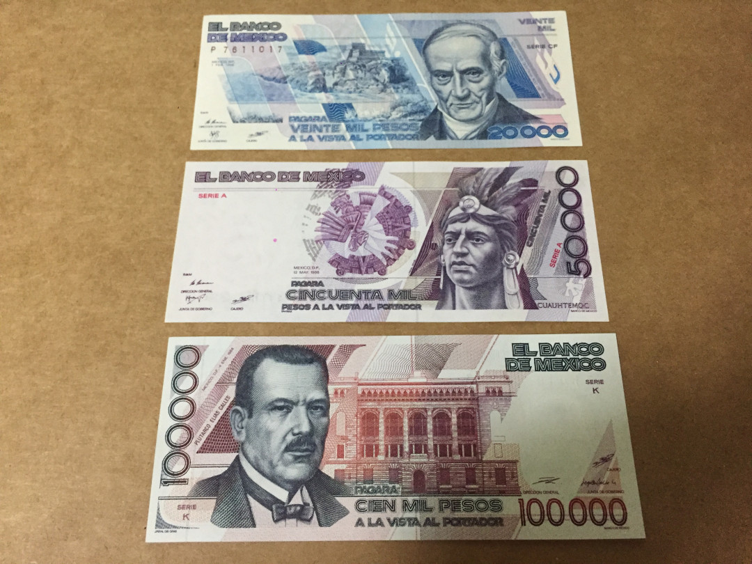 【收藏联盟】第118期拍卖——英伦三岛 【一组3张】1981-1988年 墨西哥 20000-50000-100000比索 全新UNC 