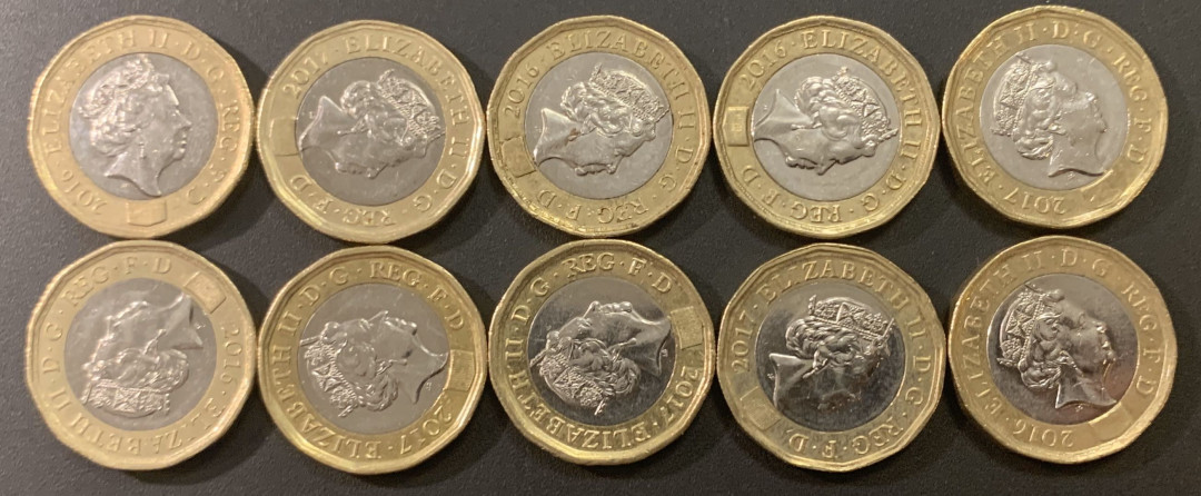 紫瑗钱币—微拍第21期  英国 1英镑 双色流通币 10枚 共10英镑