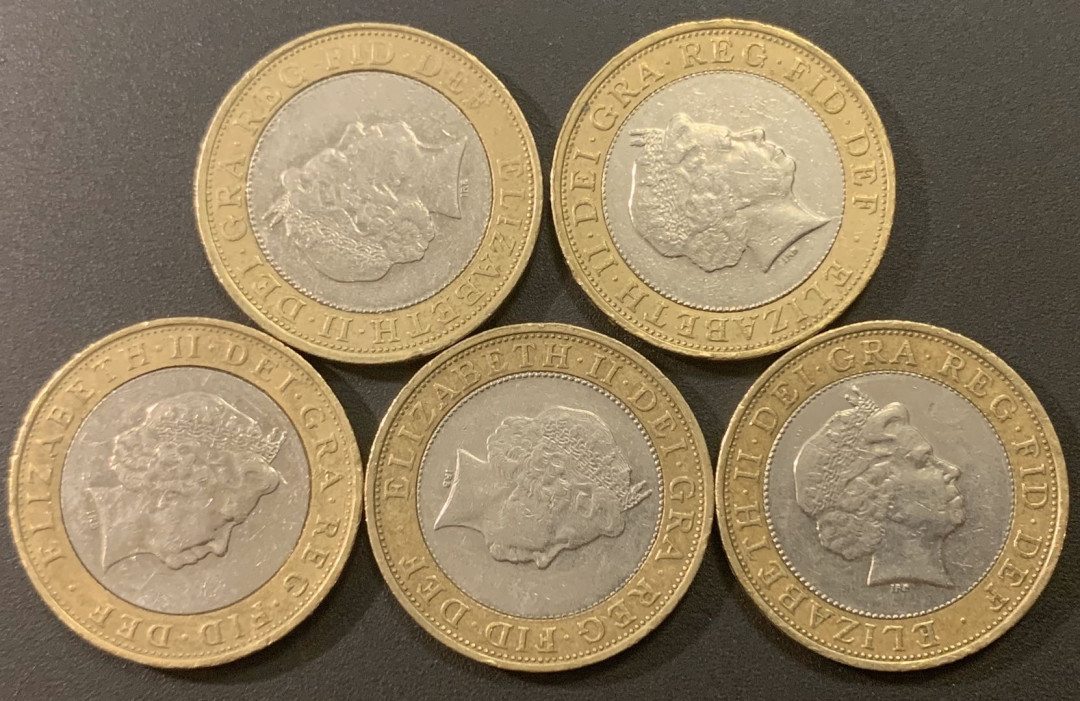 紫瑗钱币—微拍第21期  英国 2英镑 双色流通币 5枚 共10磅