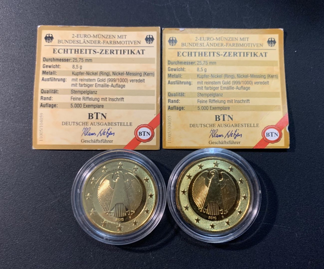 紫瑗钱币—微拍第21期  德国 2014 2015年 2欧元 镀金纪念币 2枚一起 带证书