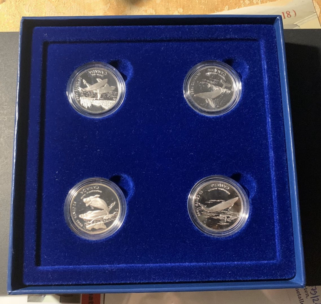 紫瑗钱币—微拍第21期  加拿大 1998年 海洋动物 海豚 50分 银币 4枚一套 原盒证书 精制