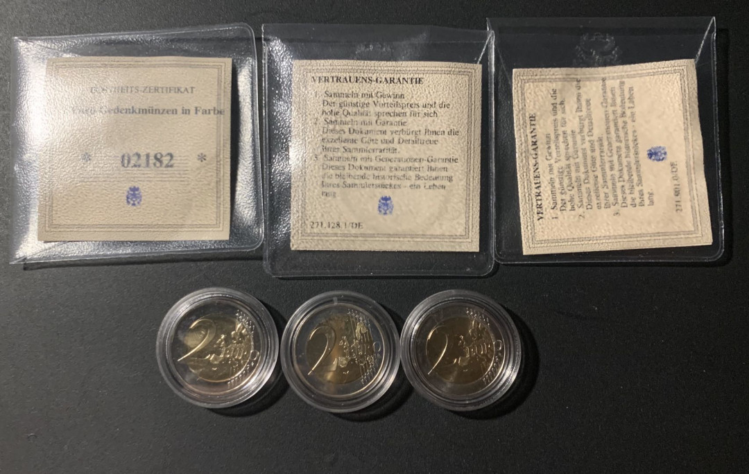 紫瑗钱币—微拍第21期  德国 芬兰  2006 2007年 2欧元 彩色2欧元 纪念币 3枚一起 带证书