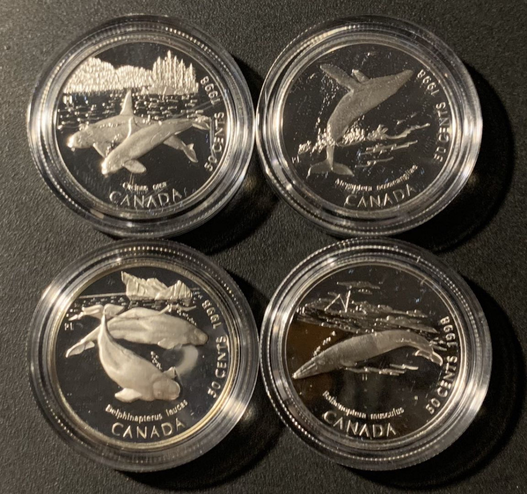 紫瑗钱币—微拍第21期  加拿大 1998年 海洋动物 海豚 50分 银币 4枚一套 原盒证书 精制