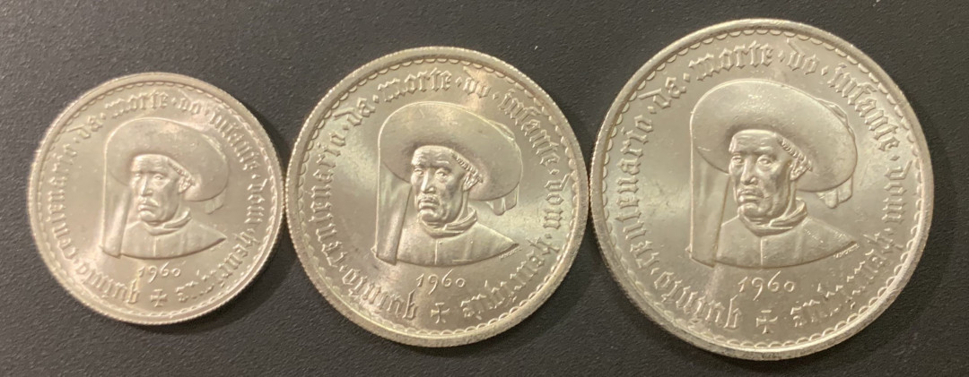 紫瑗钱币—微拍第21期  葡萄牙 1960年 亨利王子500周年  5 10 20埃斯库多 三枚一套 共40.5克 0.835银