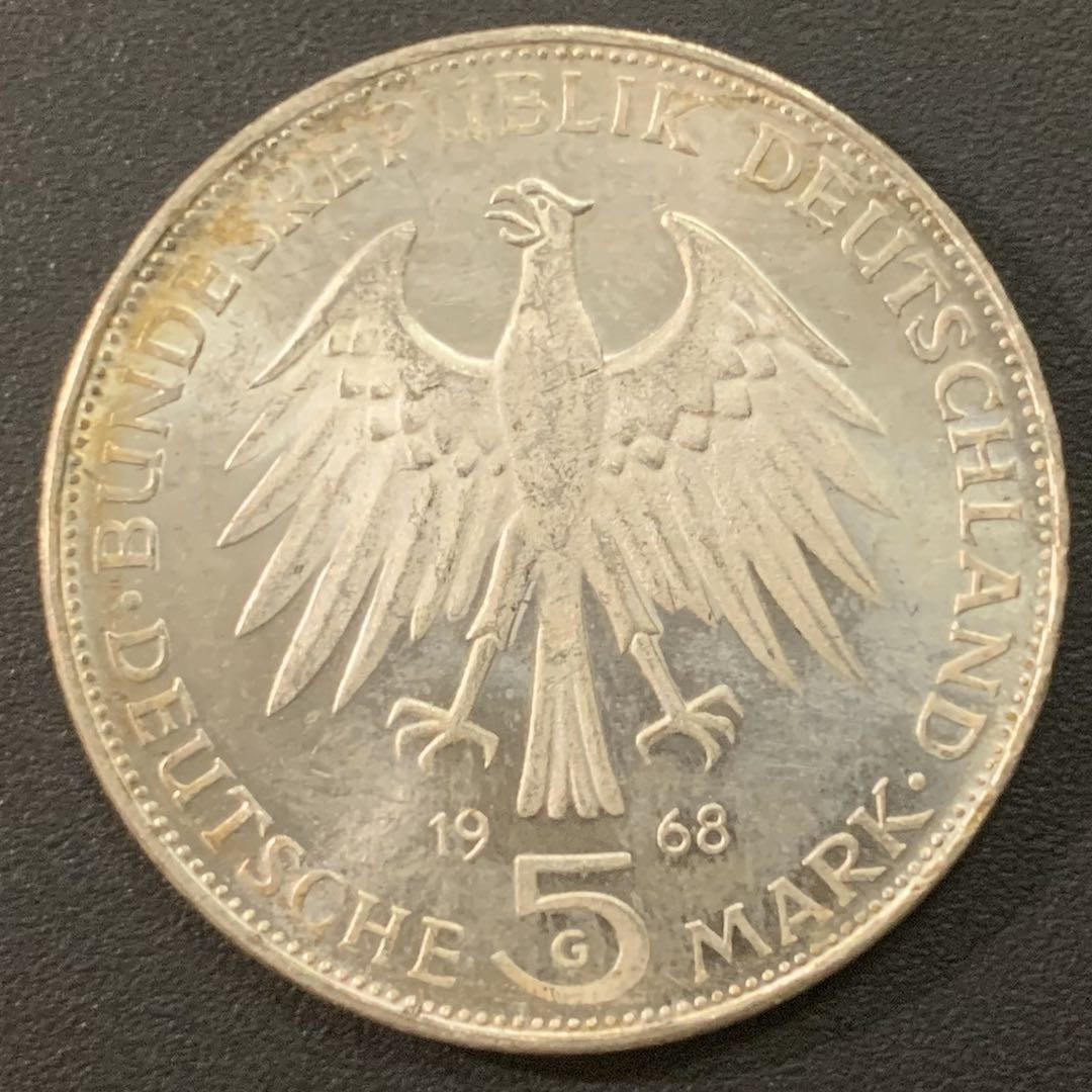 紫瑗钱币—微拍第21期  德国 1968年 G厂 古登贝格500周年 5马克 11.2克 0.625银