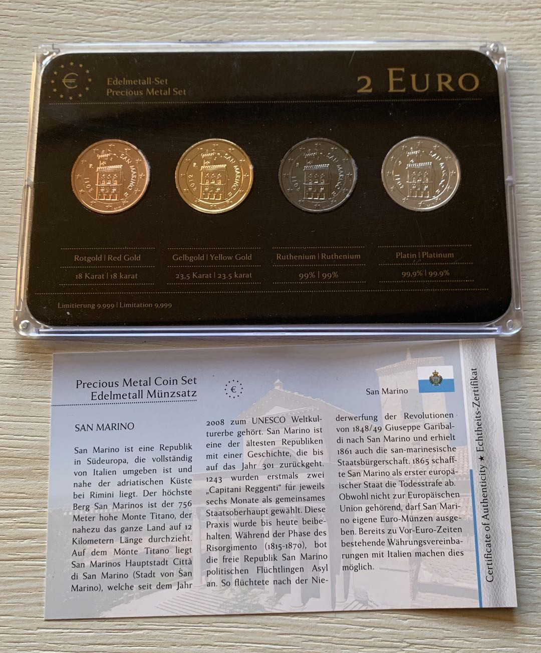 紫瑗钱币—微拍第21期  圣马力诺 2011—12年 2欧元（镀彩金 镀黄金 镀钌 镀铂金）样币 共4枚 带证书