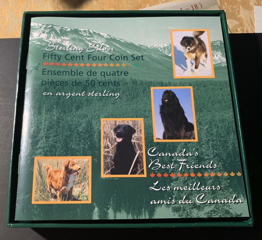 紫瑗钱币—微拍第21期  加拿大 1997年 动物系列 狗 50分 银币 4枚全台 带盒证书 精制