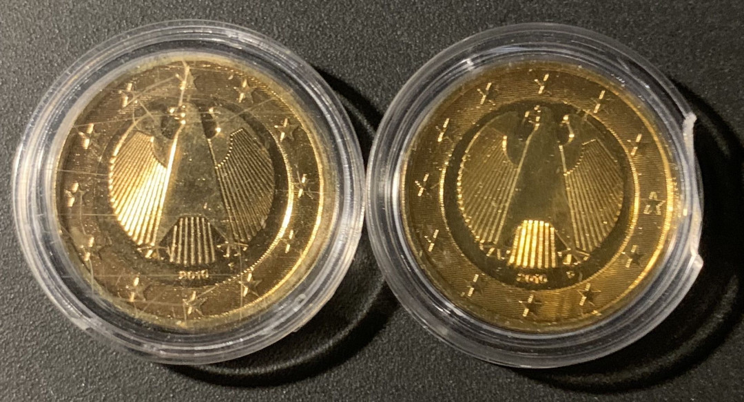 紫瑗钱币—微拍第21期  德国 2010年 2欧元 镀金纪念币 2枚一起 带证书