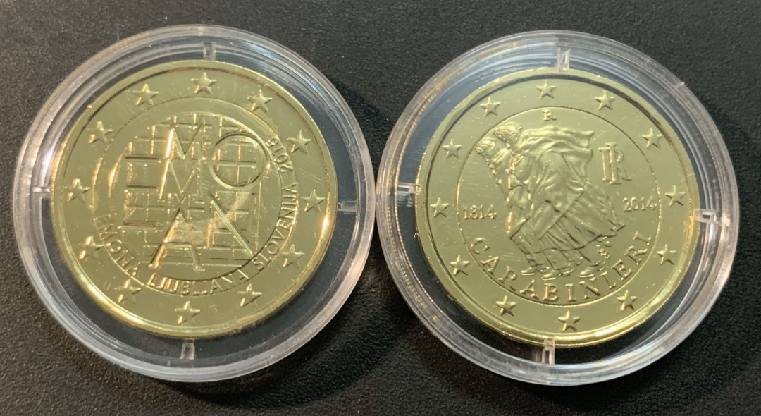 紫瑗钱币—微拍第21期  意大利 斯洛伐克 2014 2015年 2欧元 纪念币 镀金 2枚一起