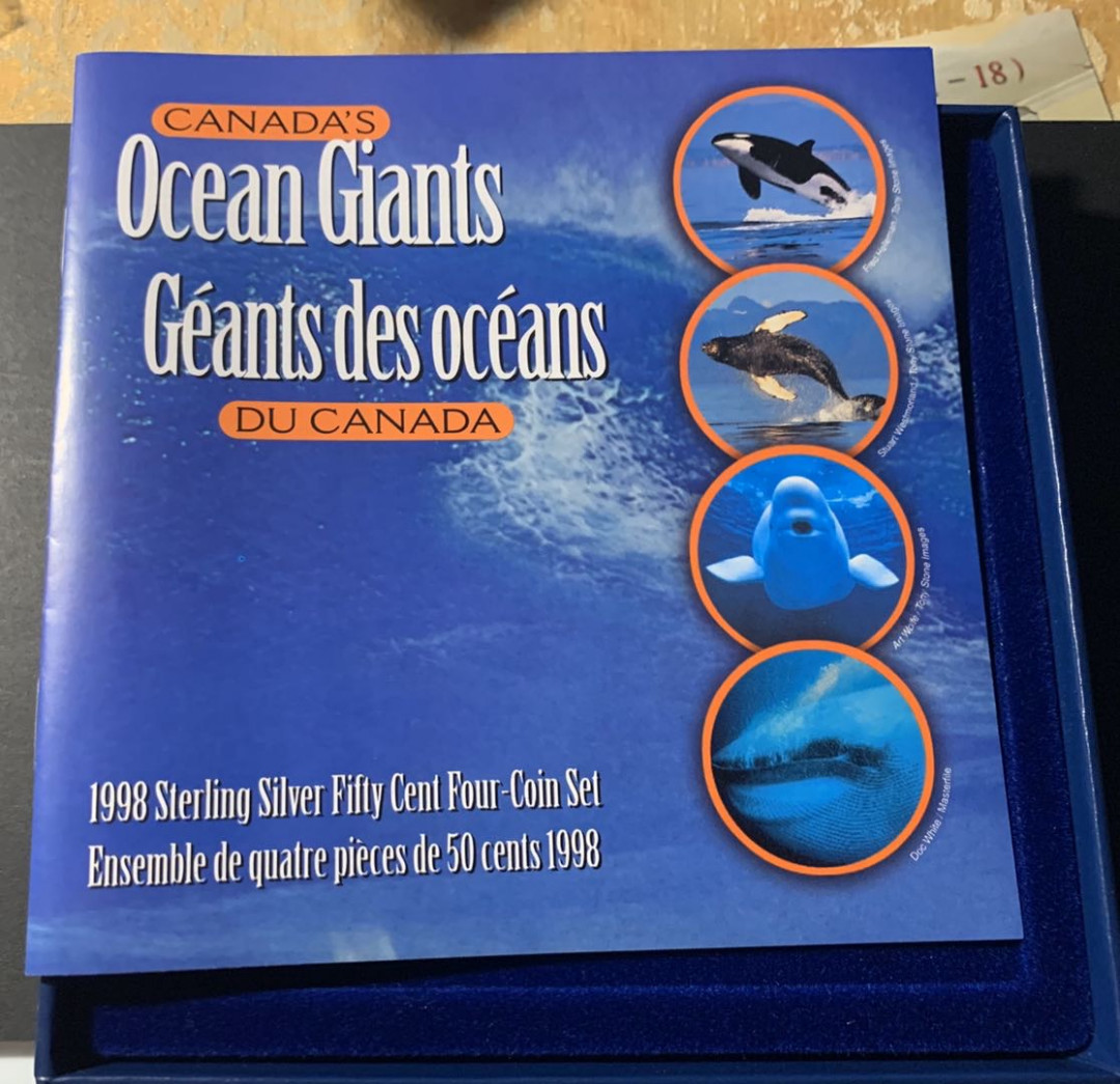 紫瑗钱币—微拍第21期  加拿大 1998年 海洋动物 海豚 50分 银币 4枚一套 原盒证书 精制