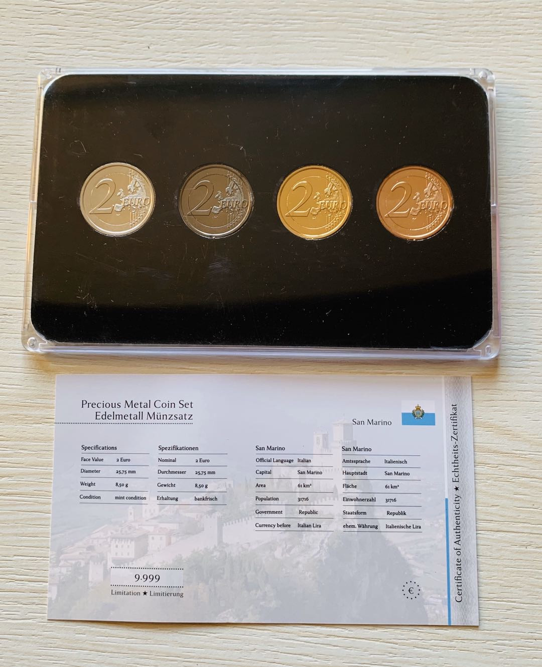 紫瑗钱币—微拍第21期  圣马力诺 2011—12年 2欧元（镀彩金 镀黄金 镀钌 镀铂金）样币 共4枚 带证书