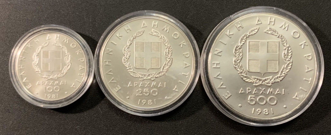 紫瑗钱币—微拍第22期 —外国现代银币场 希腊 1981年 奥运会 100 250 500 德拉克马 共49.1克 0.9银