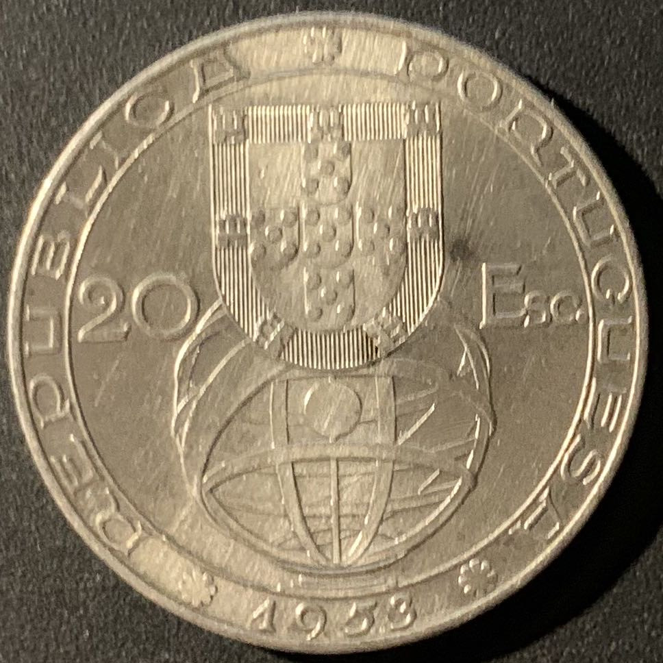 紫瑗钱币—微拍第24期  葡萄牙 1953年 金融改革制度25周年 20埃斯库多 21克 0.8银