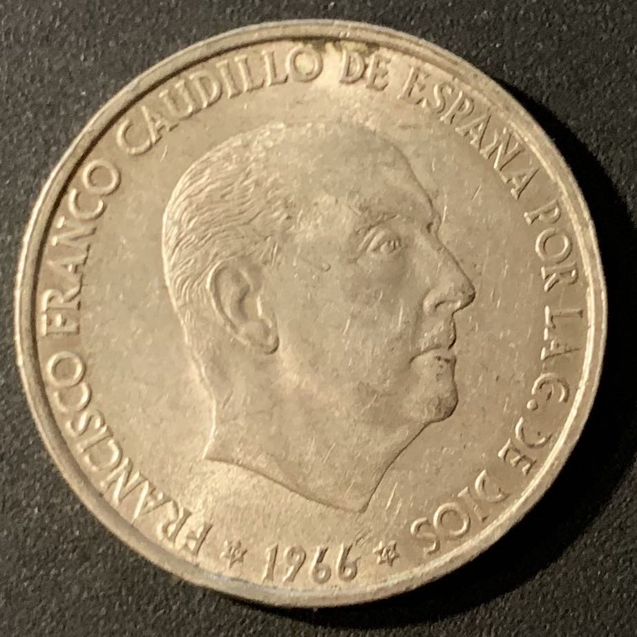 紫瑗钱币—微拍第24期  西班牙 1966年 佛朗哥 100比塞塔  19克 0.9银 UNC