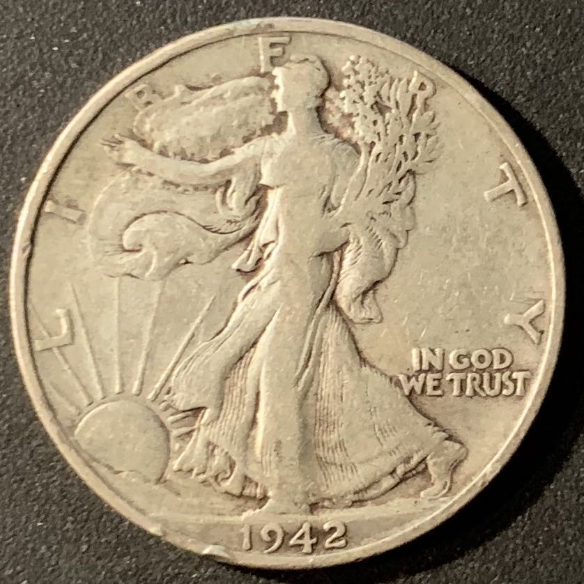 紫瑗钱币—微拍第24期  美国 1942年 行走女神 50美分 12.5克 0.9银