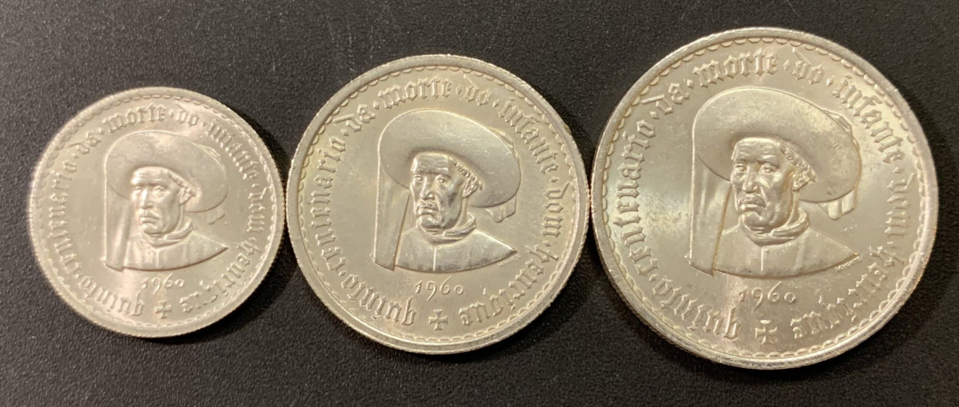 紫瑗钱币—微拍第24期  葡萄牙 1960年 亨利王子500周年  5 10 20埃斯库多 三枚一套 共40.5克 0.835银