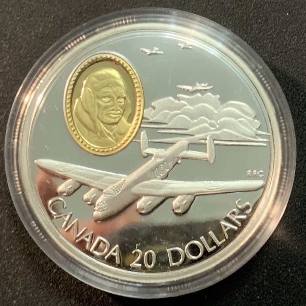 紫瑗钱币—微拍第25期  加拿大 1990年 航空系列 飞行员 富基尔 镶金 31.1克 0.925银 精制