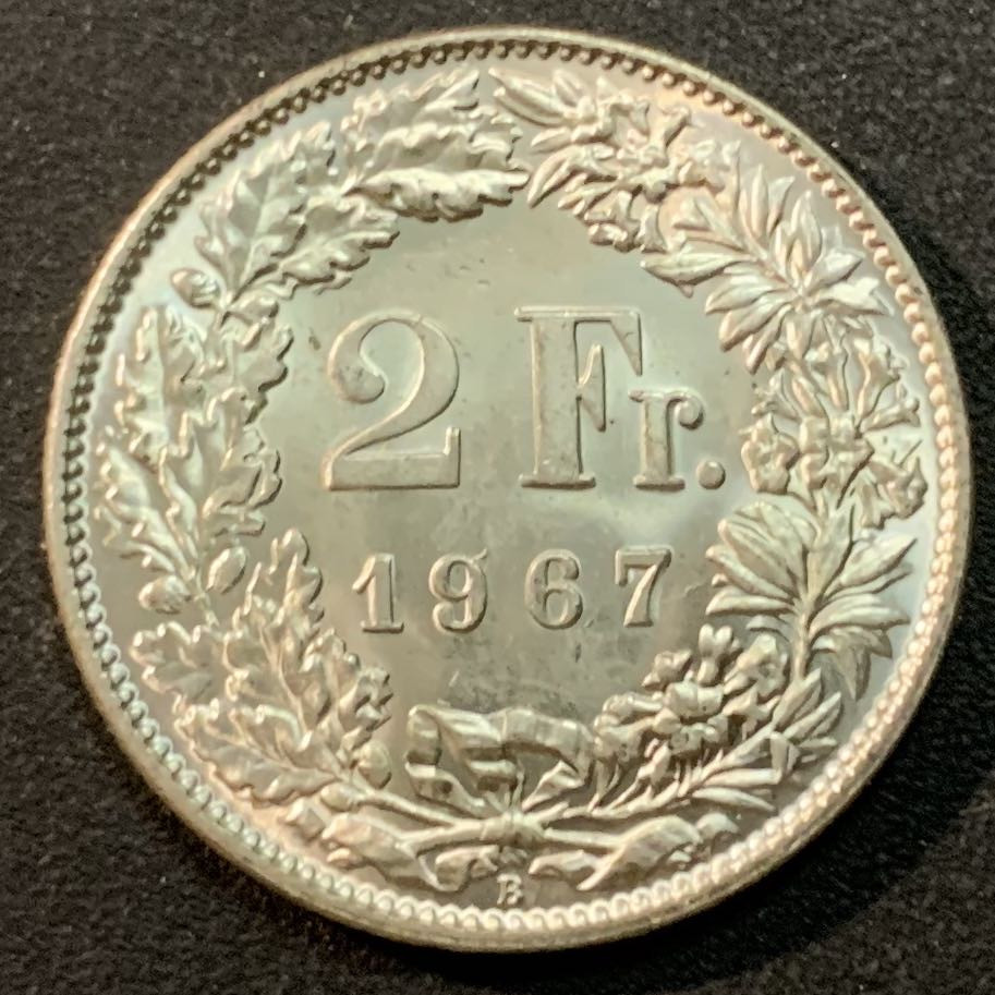紫瑗钱币—微拍第25期  瑞士 1967年 2法郎 10克 0.835银 UNC
