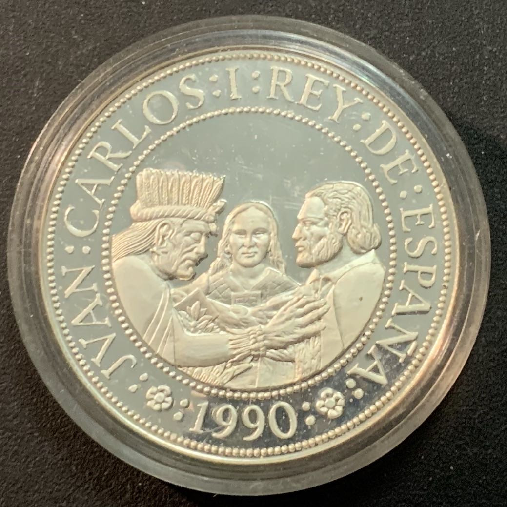 紫瑗钱币—微拍第25期  西班牙 1990年 玛利亚三神 5000比塞塔 54克 0.925银 精制