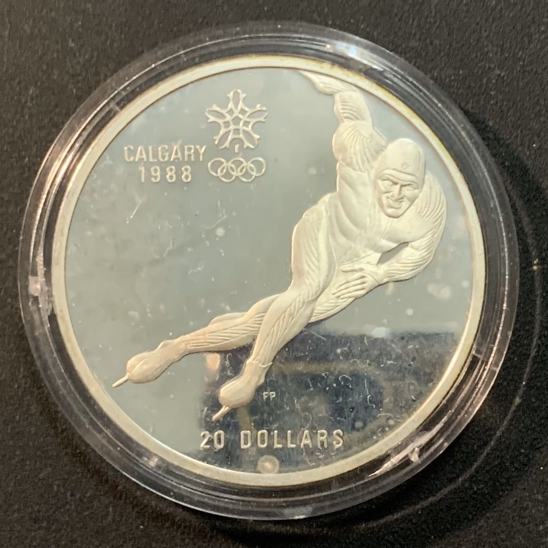 紫瑗钱币—微拍第25期  加拿大 1985年 卡尔加里冬奥运 短道速滑 20元 银币 34.1克 0.925银 精制