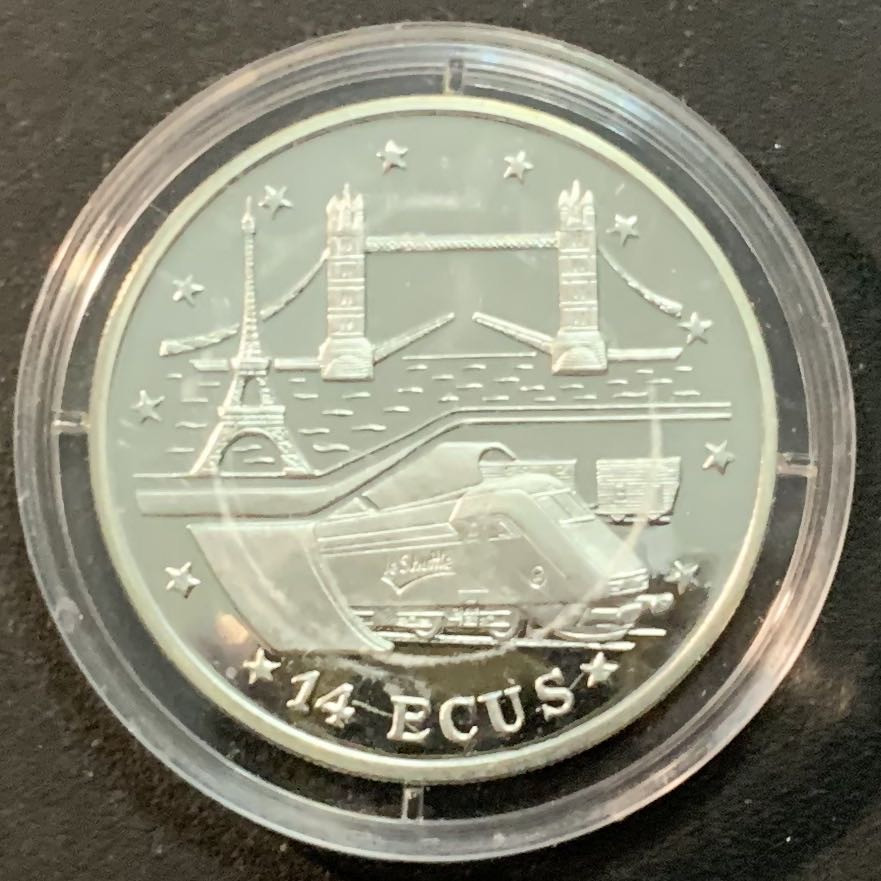 紫瑗钱币—微拍第25期  直布罗陀 1994年  英法海底隧道百年 14埃局  10克 0.925银 精制