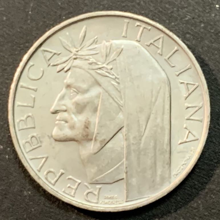 紫瑗钱币—微拍第25期  意大利 1965年  诗人但丁 500里拉 11克 0.835银 