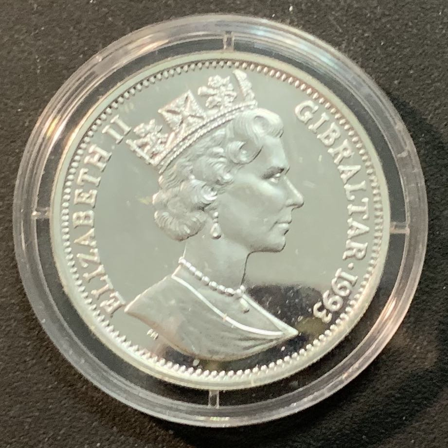 紫瑗钱币—微拍第25期  直布罗陀 1993年 英法海底隧道通车百年  14埃局 10克 0.925银 精制