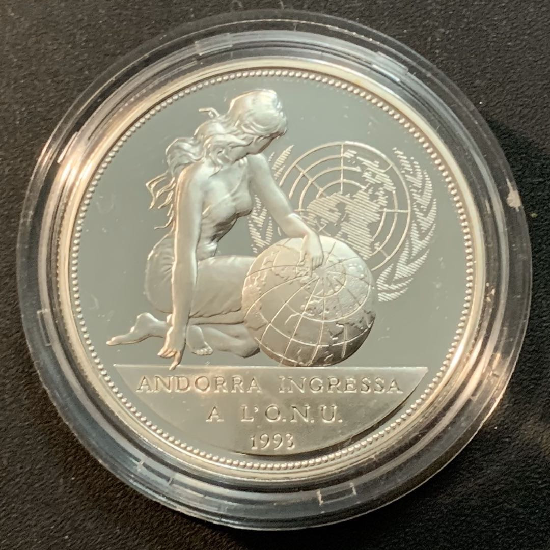 紫瑗钱币—微拍第25期  安道尔 1994年 加入联合国 10第纳尔  31.47克 0.925银 精制