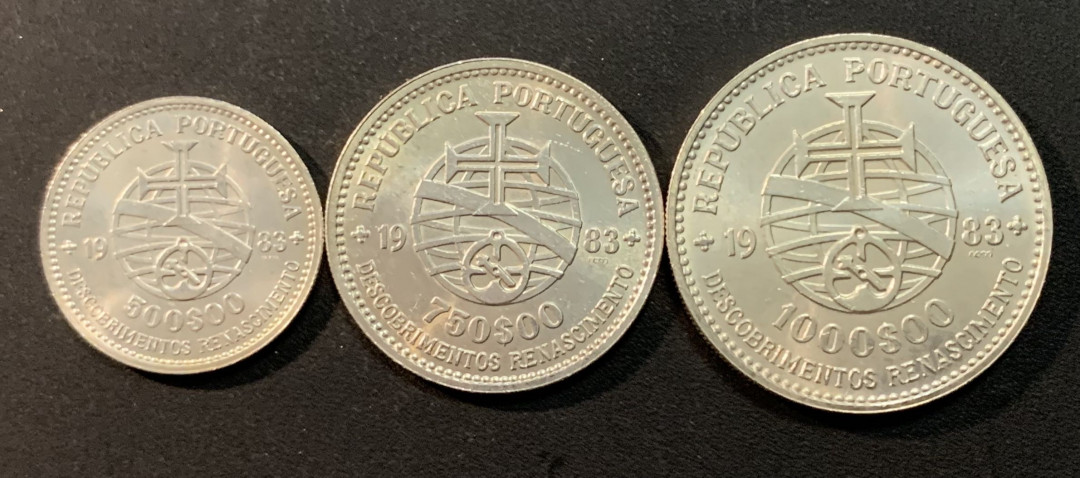 紫瑗钱币—微拍第26期  葡萄牙 1983年 17届欧洲博览会 500 750 1000埃斯库多 三枚 共40.5克 0.835银 BU