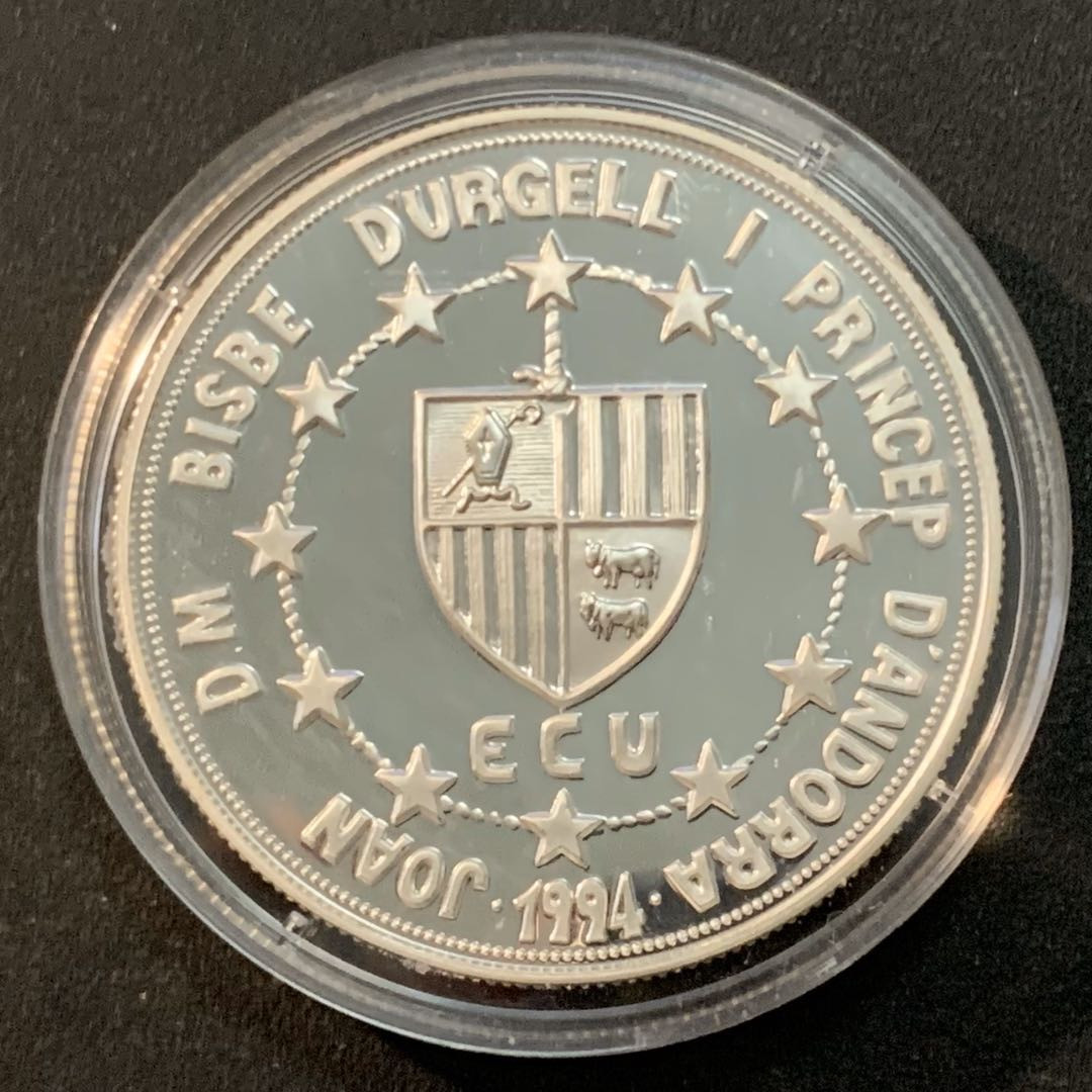 紫瑗钱币—微拍第26期  安道尔 1994年 关税同盟 10第纳尔  31.47克 0.925银 精制