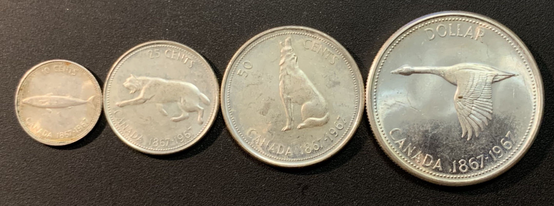 紫瑗钱币—微拍第26期  加拿大 1967年 建国百年 10分 —1元 4枚 银币 共41.625克 0.8银