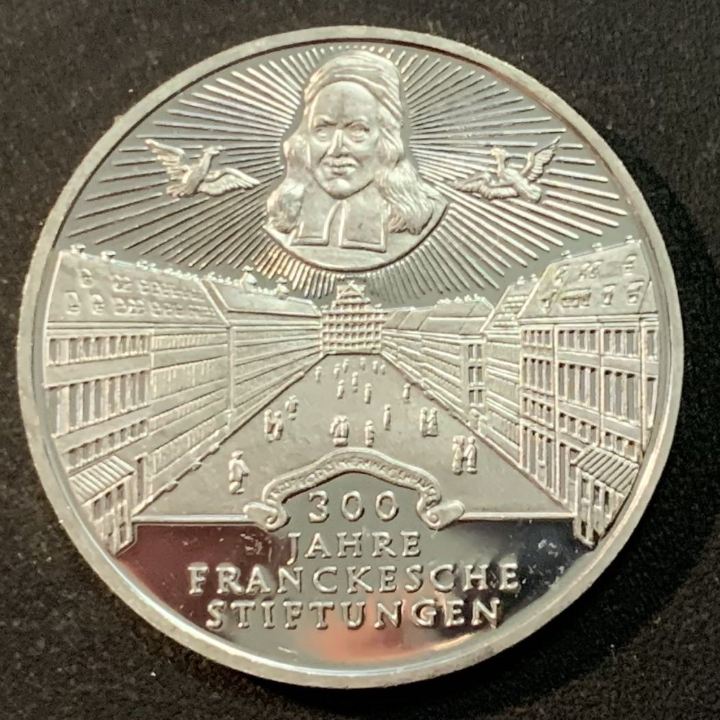 紫瑗钱币—微拍第26期  德国 1998年  弗朗克慈善会300周年 10马克 15.5克 0.925银 精制