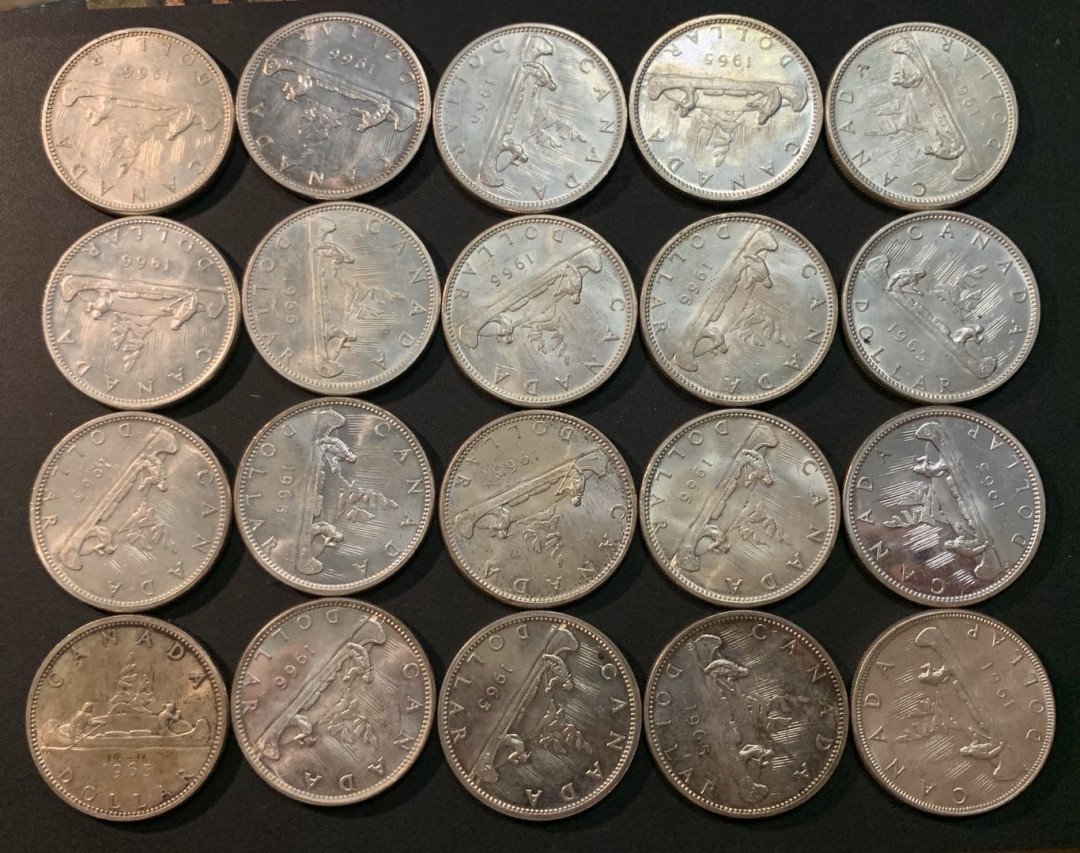 紫瑗钱币—微拍第26期  加拿大 1965—1966年 划船 低冠 1元 20枚一组 共466.6克 0.8银