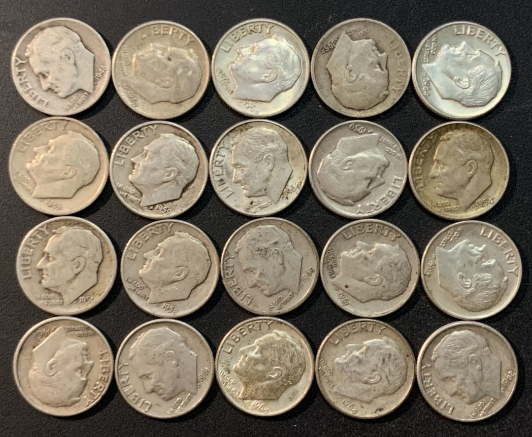 紫瑗钱币—微拍第26期  美国 1946—1964年 罗斯福 10美分 银币 20枚一组 共50克 0.9银