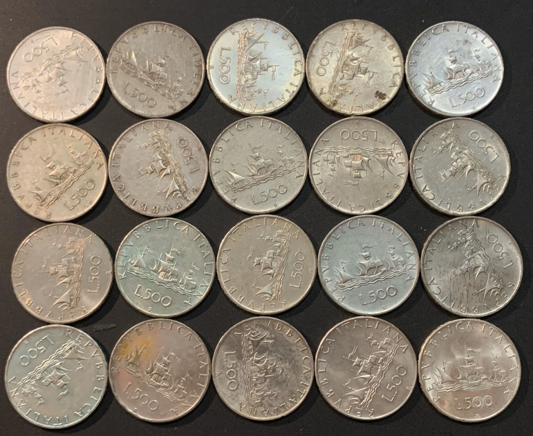 紫瑗钱币—微拍第26期  意大利 1958—1967年 少女 帆船 500里拉 20枚一组 共220克 0.835银