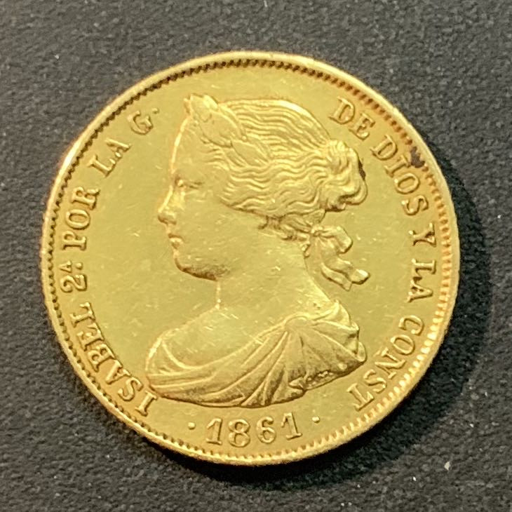紫瑗钱币—微拍第26期  西班牙 1861年 伊莎贝拉 100里亚尔 8.337克 0.9金