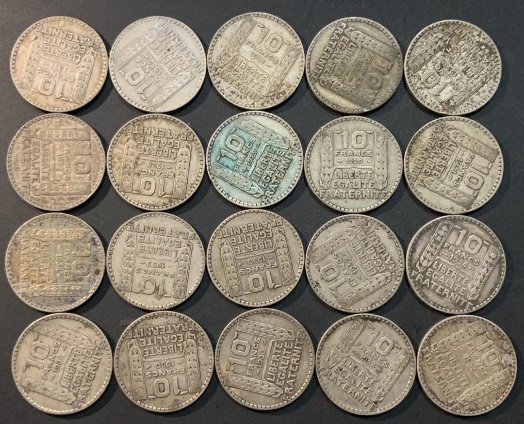 紫瑗钱币—微拍第26期  法国 1929—1939年 自由女神 10法郎 20枚一组 共200克 0.68银 
