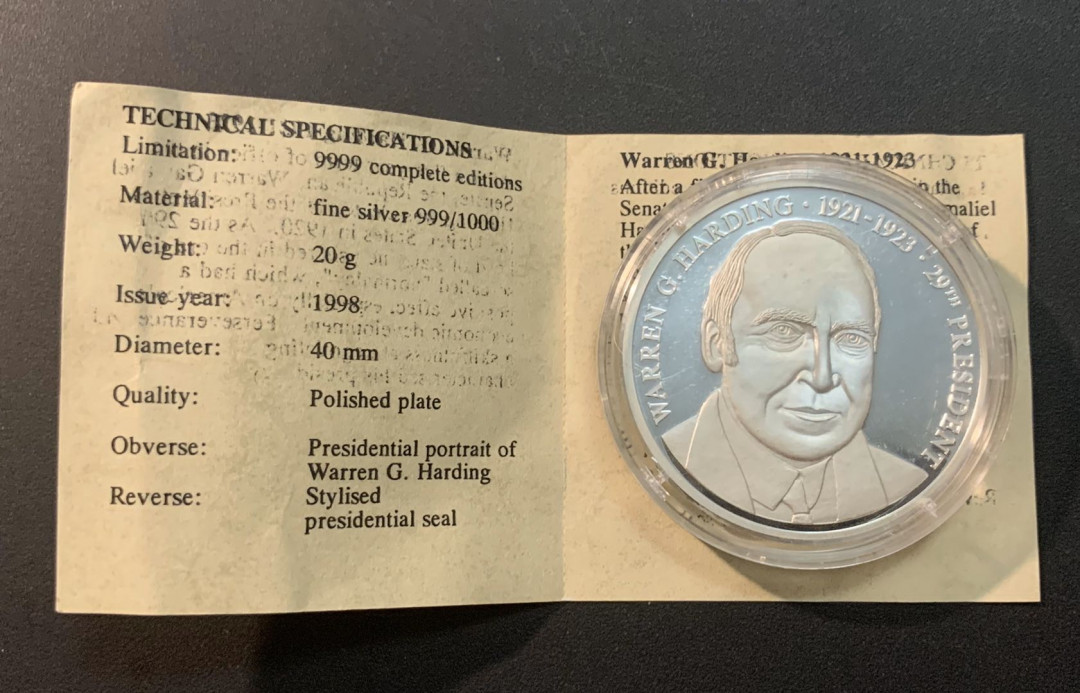 紫瑗钱币—微拍第26期  美国 1998年 第29任总统 沃伦·甘梅利尔·哈定 银章 20克 0.999银 精制 带证书