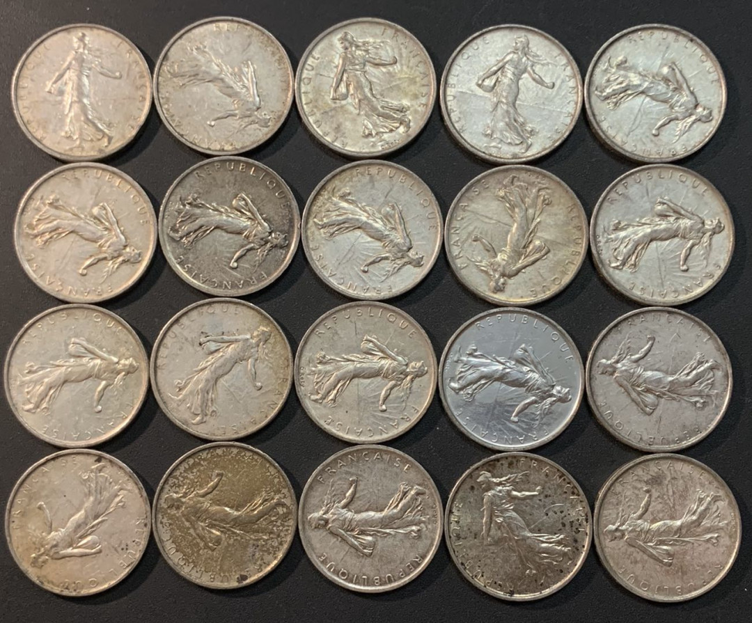 紫瑗钱币—微拍第26期  法国 1960—1969年 播种 5法郎 20枚一组 共240克 0.835银