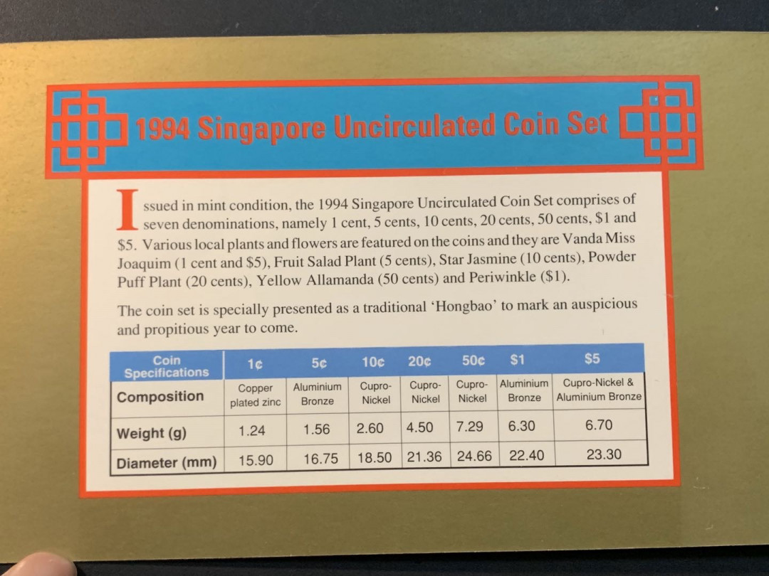 紫瑗钱币—微拍第26期  新加坡 1994年 狗年贺岁包 1分—5元 带5元双色币 原厂卡