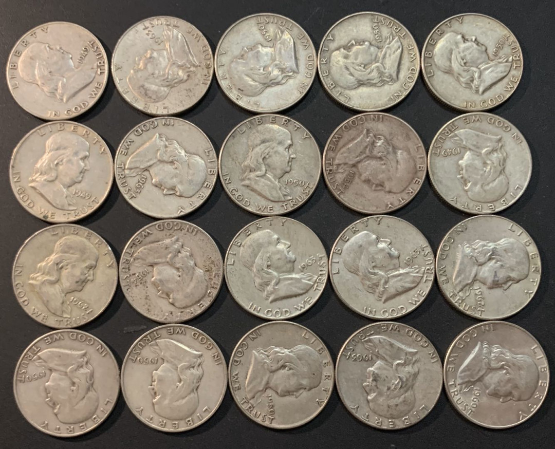 紫瑗钱币—微拍第26期  美国 1948—1963年 富兰克林 50美分 20枚一组 共250克 0.9银