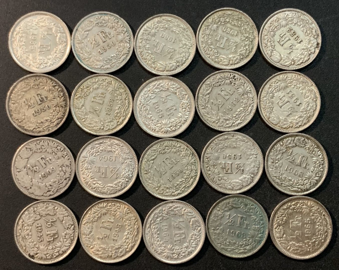 紫瑗钱币—微拍第26期  瑞士 1876—1967年 1/2法郎 银币 20枚一组 共50克 0.835银
