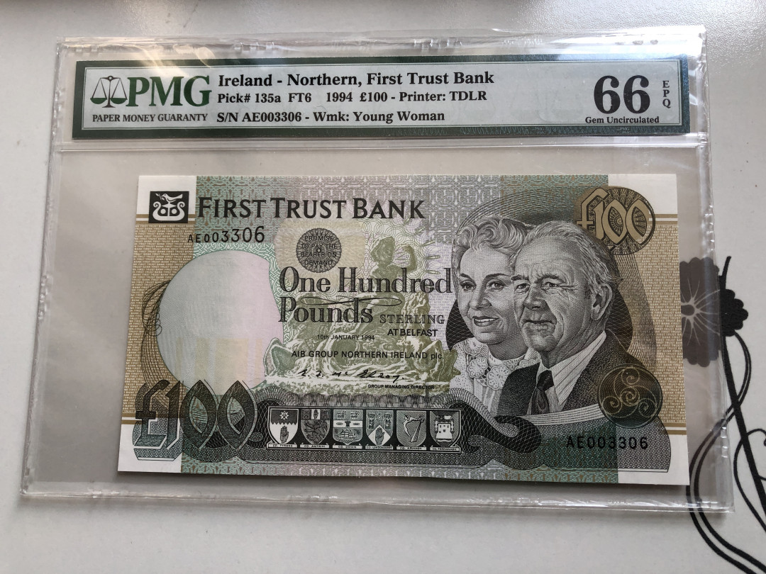 【收藏联盟】第120期拍卖——巴涅尔纪念碑 千位小号】北爱尔兰 1994年100镑 PMG66EPQ 高分p135a