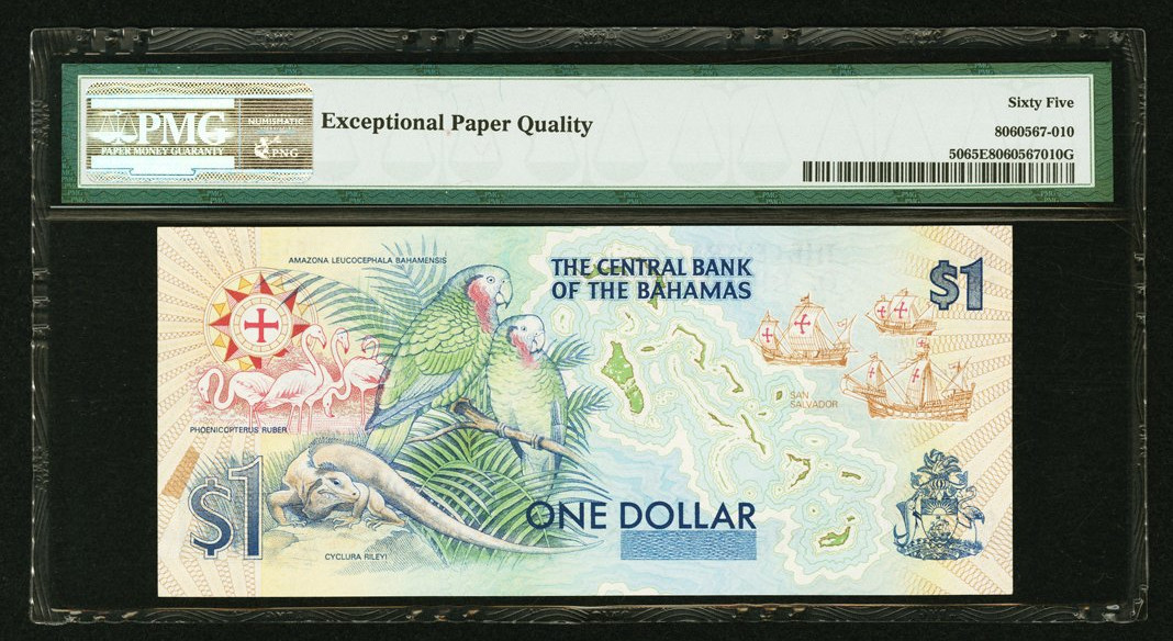 【收藏联盟】第120期拍卖——巴涅尔纪念碑 【一组2张】巴哈马 2001年 1元 p69 PMG66EPQ 巴哈马国父林登•平德林&巴哈马 1974年 1/2元 p42a 女王纸币 PMG65EPQ